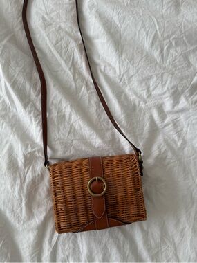 Giudi Brown Wicker Crossbody Bag with Leather Trim